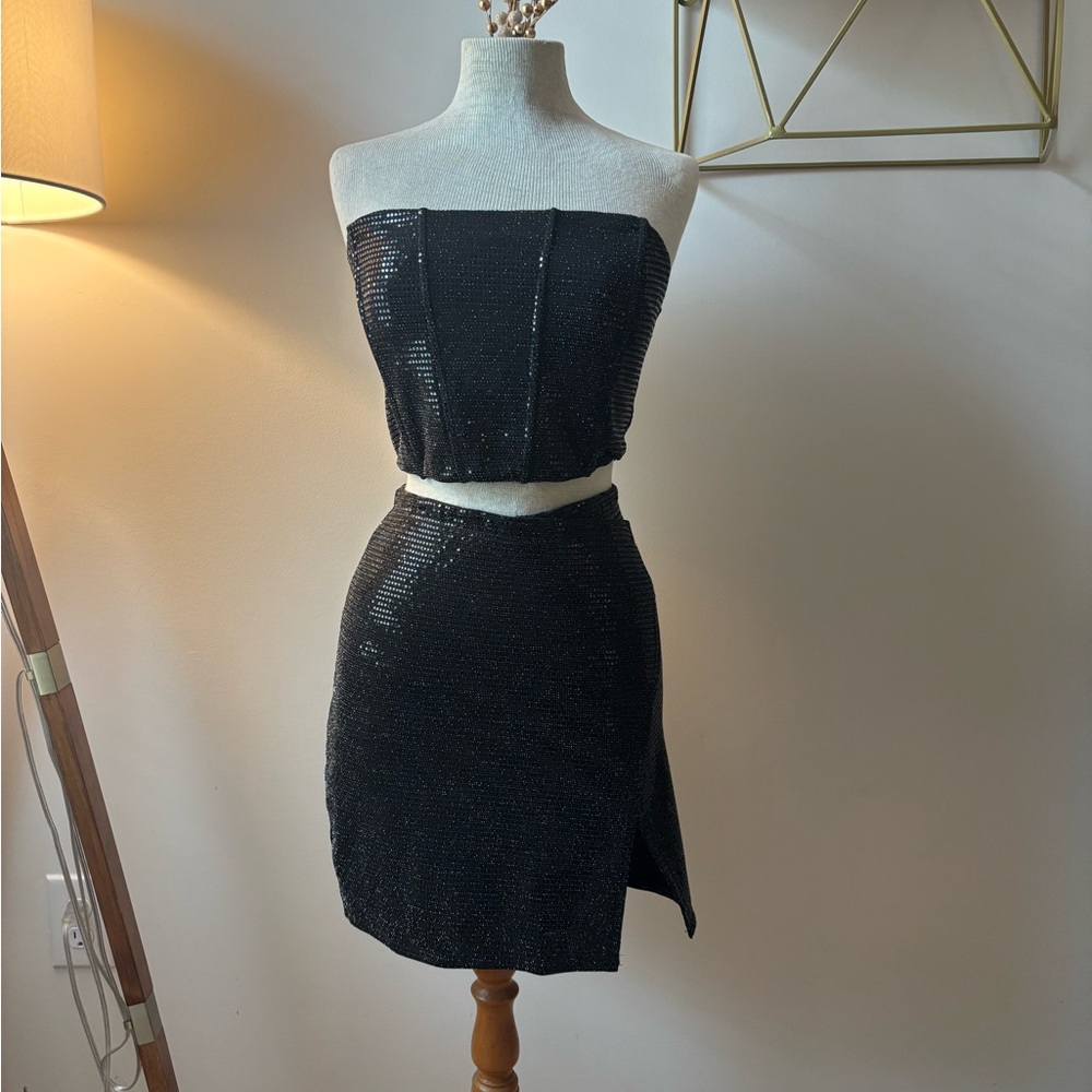 Black Sequin Strapless Top and Skirt Set